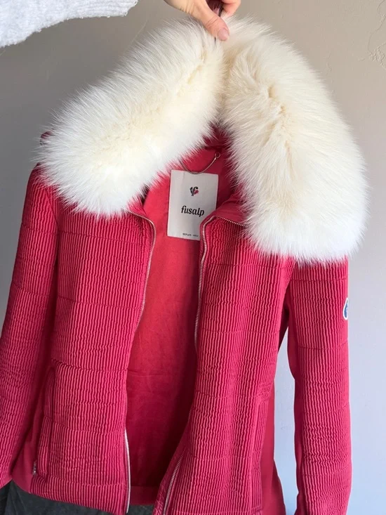 Fusalp Pink-Red Quilted Ski Jacket with Cream Faux Fur Collar - Picture 2 of 6